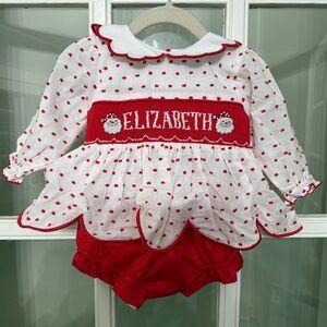 The Smocked Flamingo Hand Smocked “Elizabeth” Santa Swiss Bloomer Set
